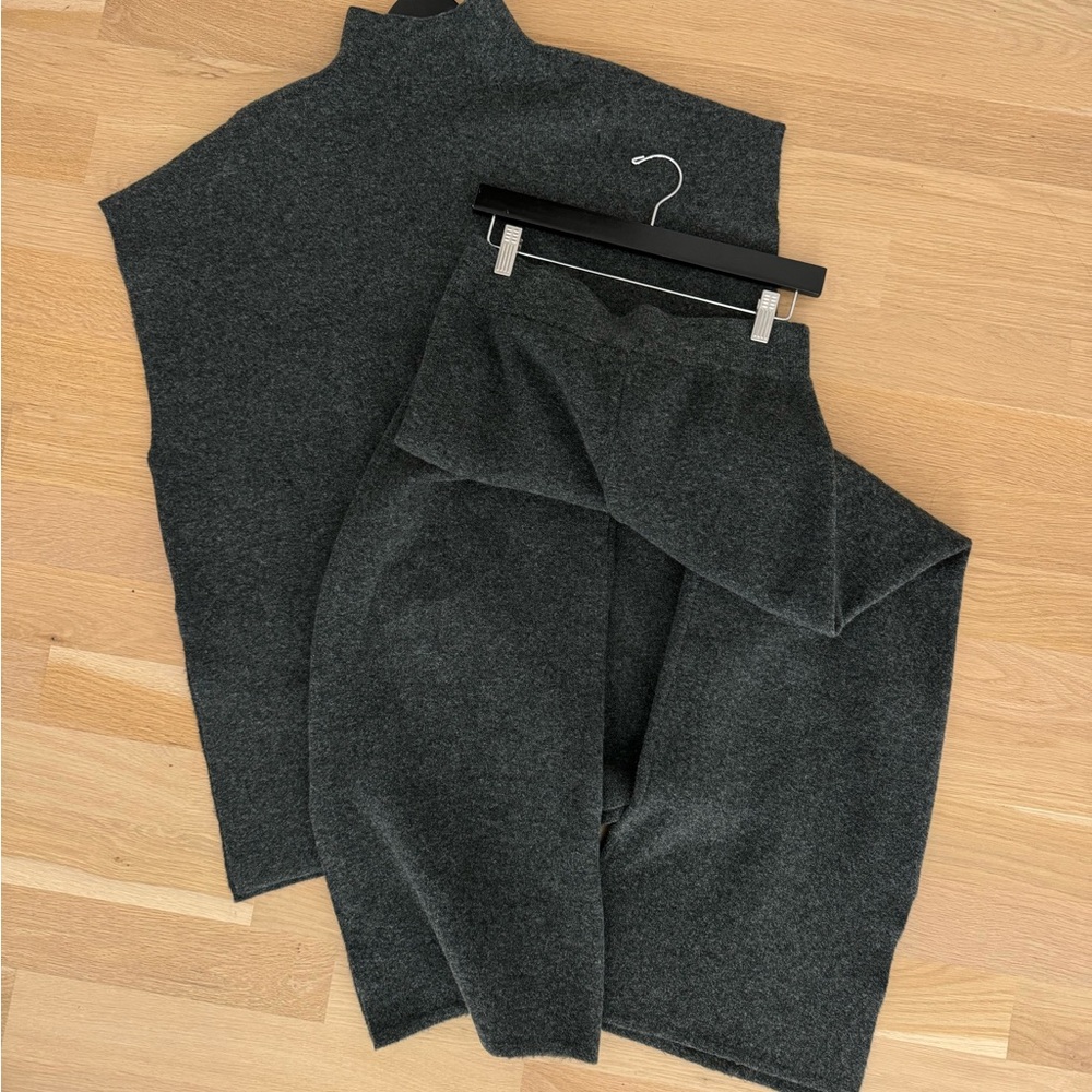 Zara Grey Wool Blend Sleeveless Tunic Vest And Wide Leg Pants Cord Set